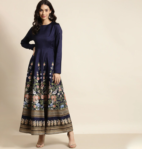 Navy Blue Floral Anarkali Maxi Dress